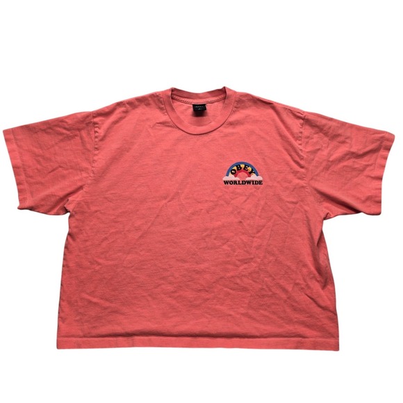 Obey Tops - Obey Worldwide Graphic Boxy Cropped T-Shirt Pink Rainbow Look Dont Touch Large